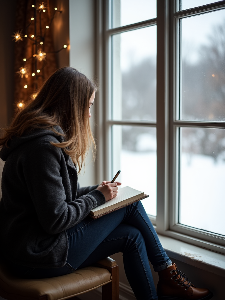 A thoughtful woman writes in a journal on a snowy winter day, sitting by a window adorned with soft string lights.