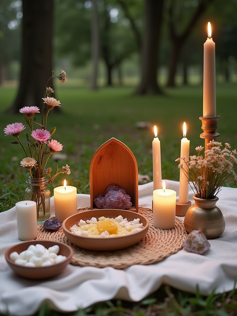 An enchanting outdoor altar setup with candles, flowers, and crystals, set on a picnic blanket in a peaceful green park.