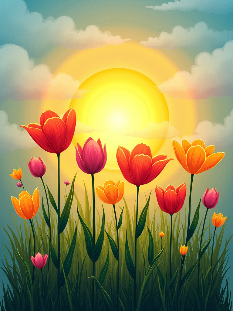 Vibrant tulips bloom in a grassy field under the warm, glowing sunlight, with fluffy white clouds in the sky.