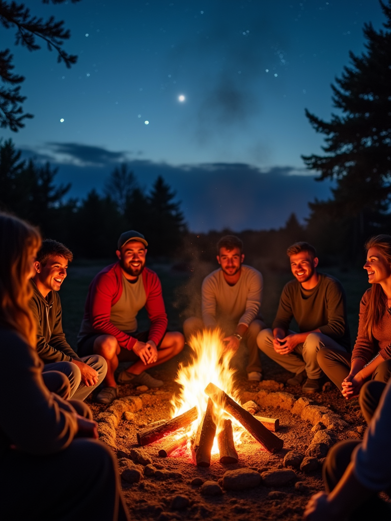 A group of friends gathers around a glowing campfire under a starry night sky, sharing laughter and enjoying the warmth.