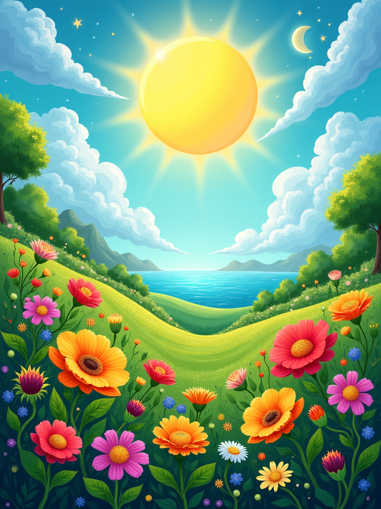 A fantastical landscape featuring a sunny meadow filled with colorful flowers and a bright sun shining in a whimsical blue sky with clouds and stars.