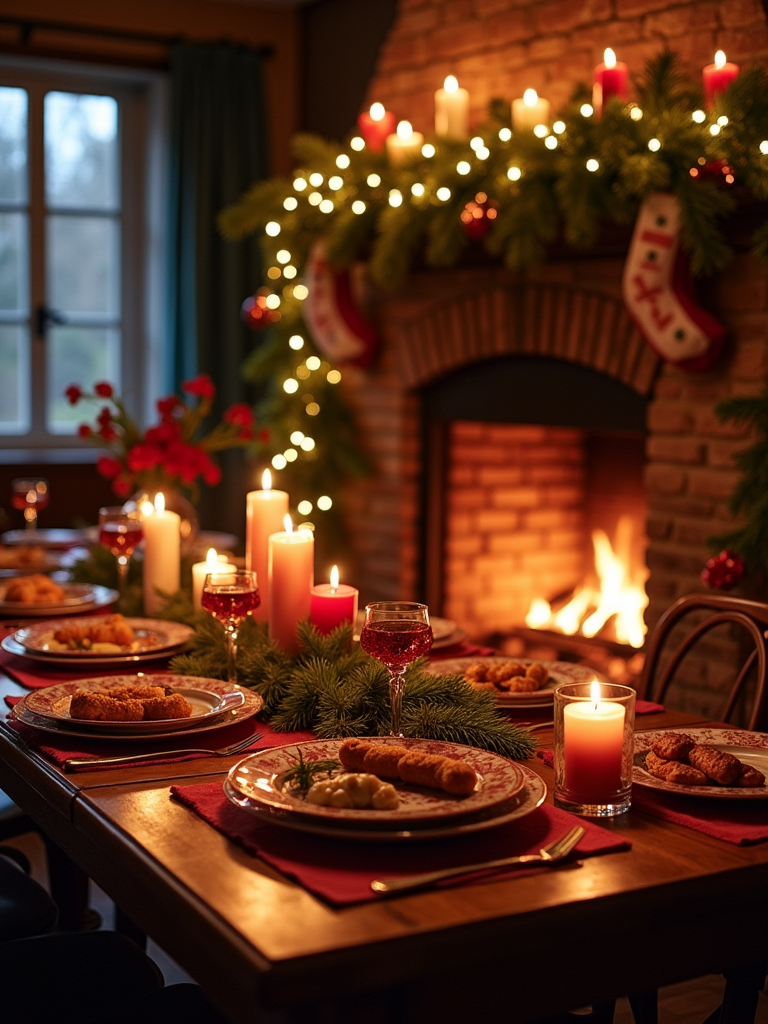 A cozy holiday table set with red-themed decor, delicious food, and glowing candles beside a brick fireplace with stockings hanging above.