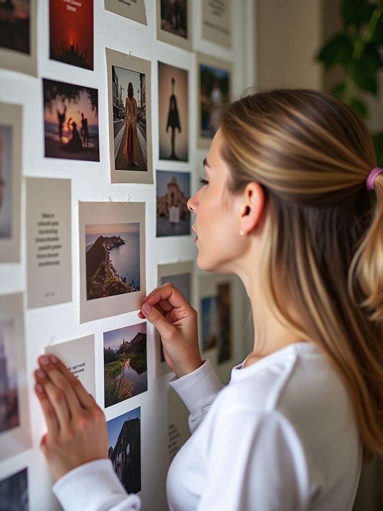 A woman examines a series of displayed photographs and notes pinned to a wall, appreciating cherished moments.