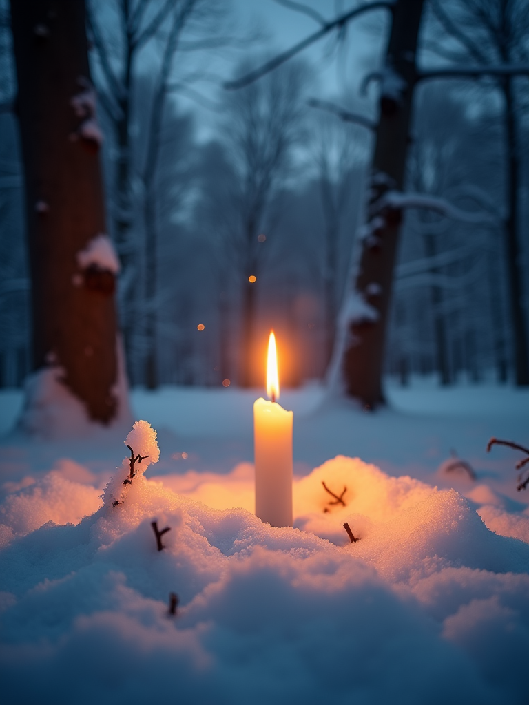 A single lit candle glows warmly in a snowy forest setting, surrounded by trees and softly falling snowflakes.