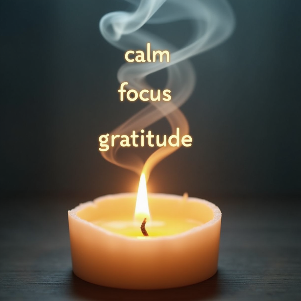 A tranquil scene of a lit candle with gentle smoke spiraling upward, each swirl forming affirmations like "calm," "focus," and "gratitude," capturing the essence of creating a daily ritual.