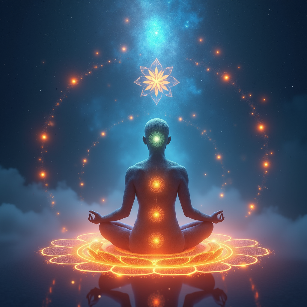 A meditating individual sitting on a glowing lotus in a cosmic space, surrounded by floating chakra symbols, with vibrant light radiating from each chakra, representing alignment and balance.