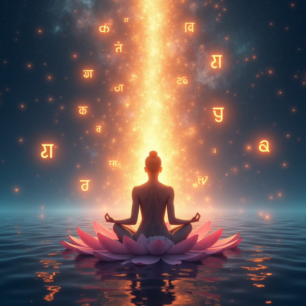 A cosmic scene where energy waves radiate from a meditating figure sitting on a lotus, surrounded by floating mantras written in glowing Sanskrit, depicting the vibrational energy of manifestation.