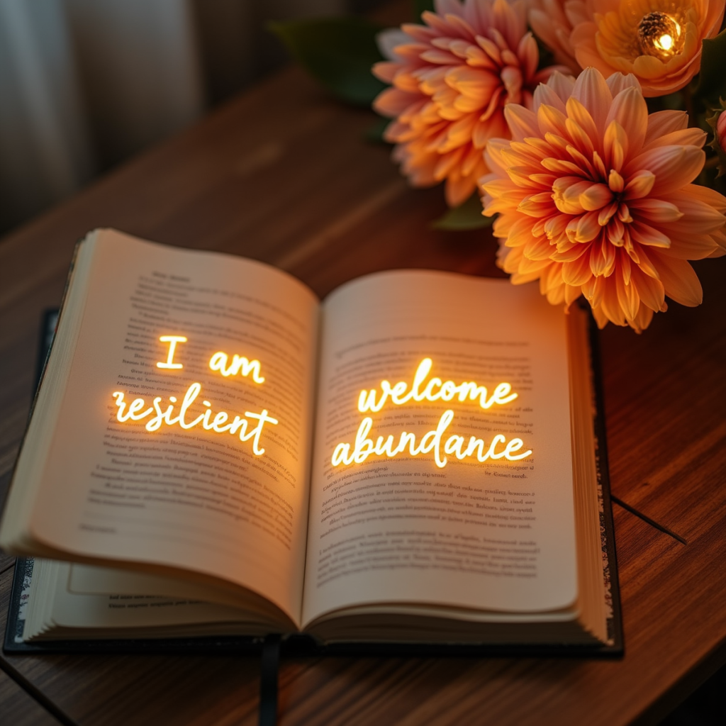 An open journal resting on a wooden table with glowing handwritten mantras like "I am resilient" and "I welcome abundance," surrounded by warm light and blooming flowers, evoking calm and intention.