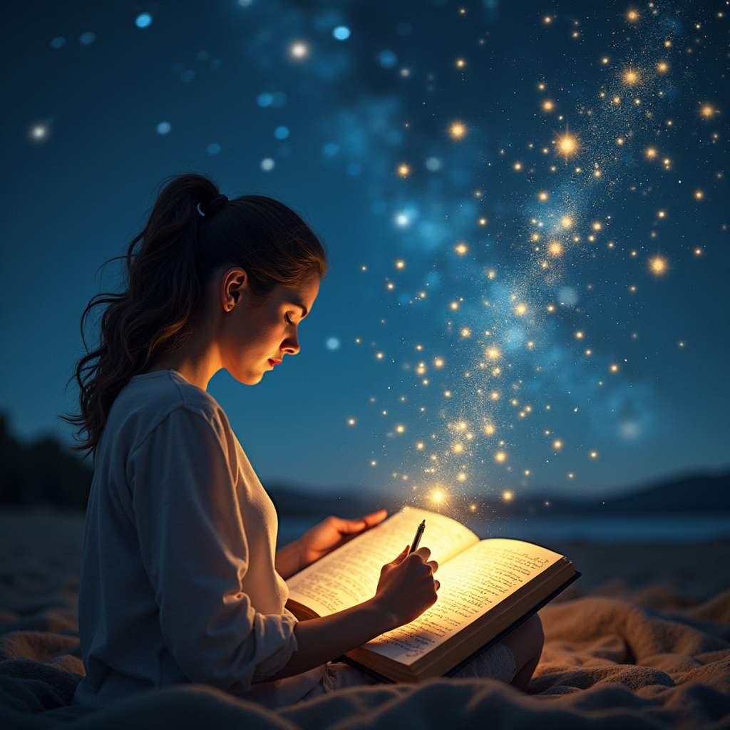 A woman journaling under a canopy of stars, with her written words glowing and forming constellations in the sky, symbolizing the manifestation of intentions through reflection and gratitude.