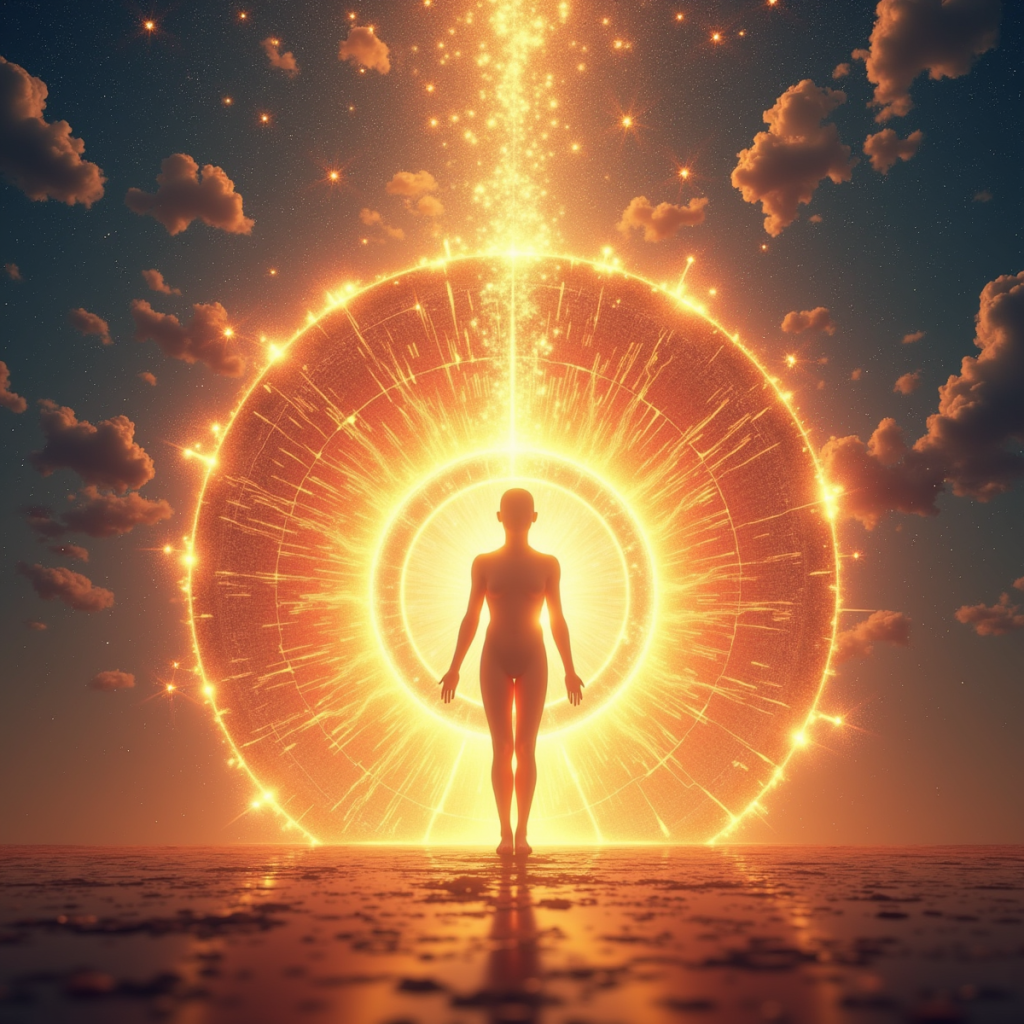 A visualization of the Law of Attraction with a radiant individual standing in the center of a glowing circle, magnetic energy lines pulling opportunities, love, and abundance toward them from all directions.