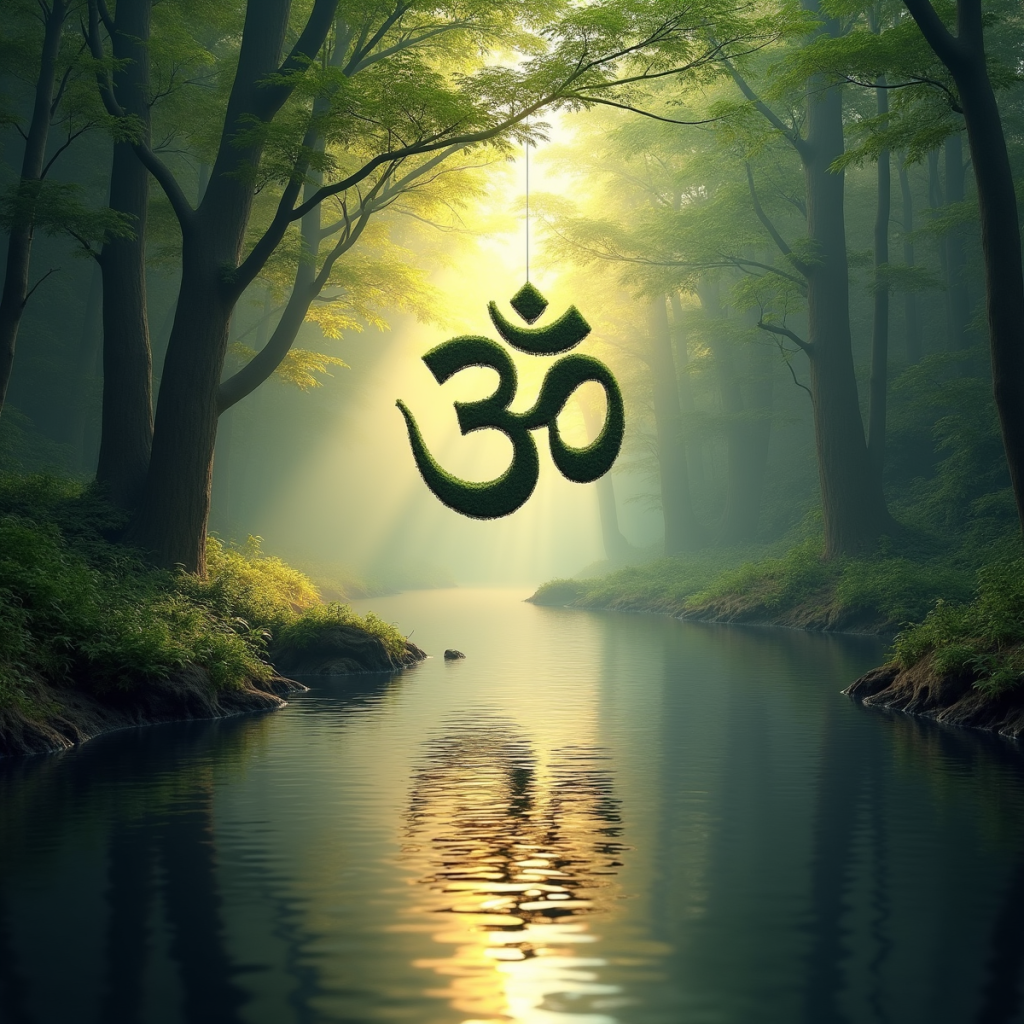 A mystical forest where a mantra like "Om Shanti" hovers above a calm river, with the reflection of the mantra in the water shimmering like sunlight, evoking the tranquility of meditation and alignment.