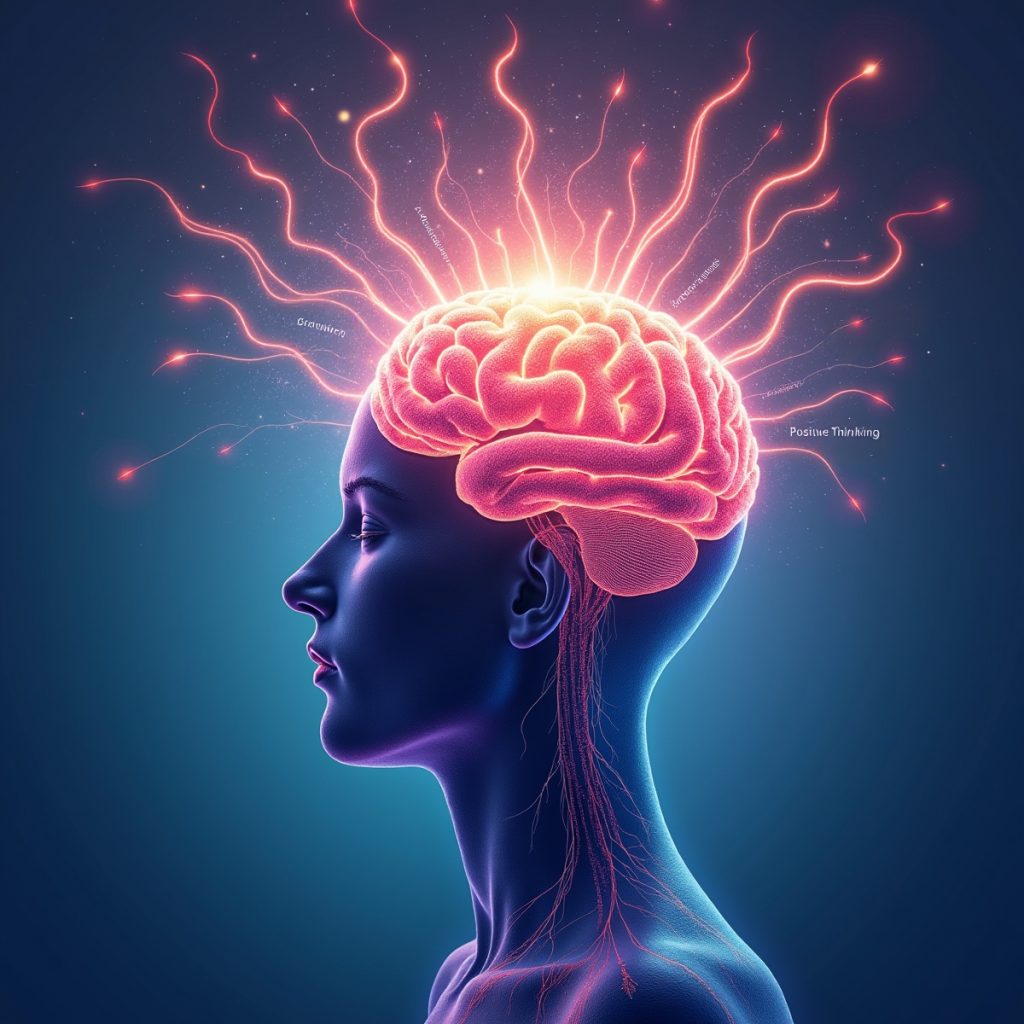 A vibrant illustration of a human brain with glowing neural pathways being rewired, surrounded by affirming words like "peace," "growth," and "strength" in soft, radiant light, symbolizing the power of positive thinking.