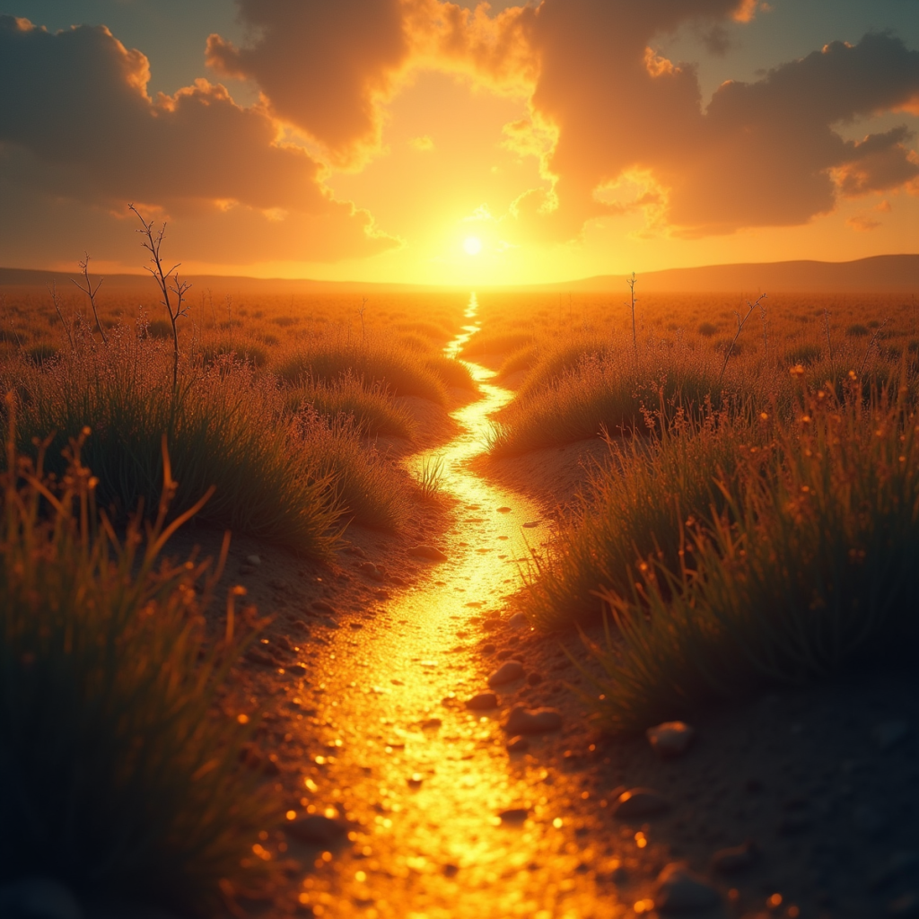 A glowing golden path cutting through a field of shadowy doubts and thorns, leading toward a distant radiant sunrise, representing overcoming fear and self-doubt through belief and action.