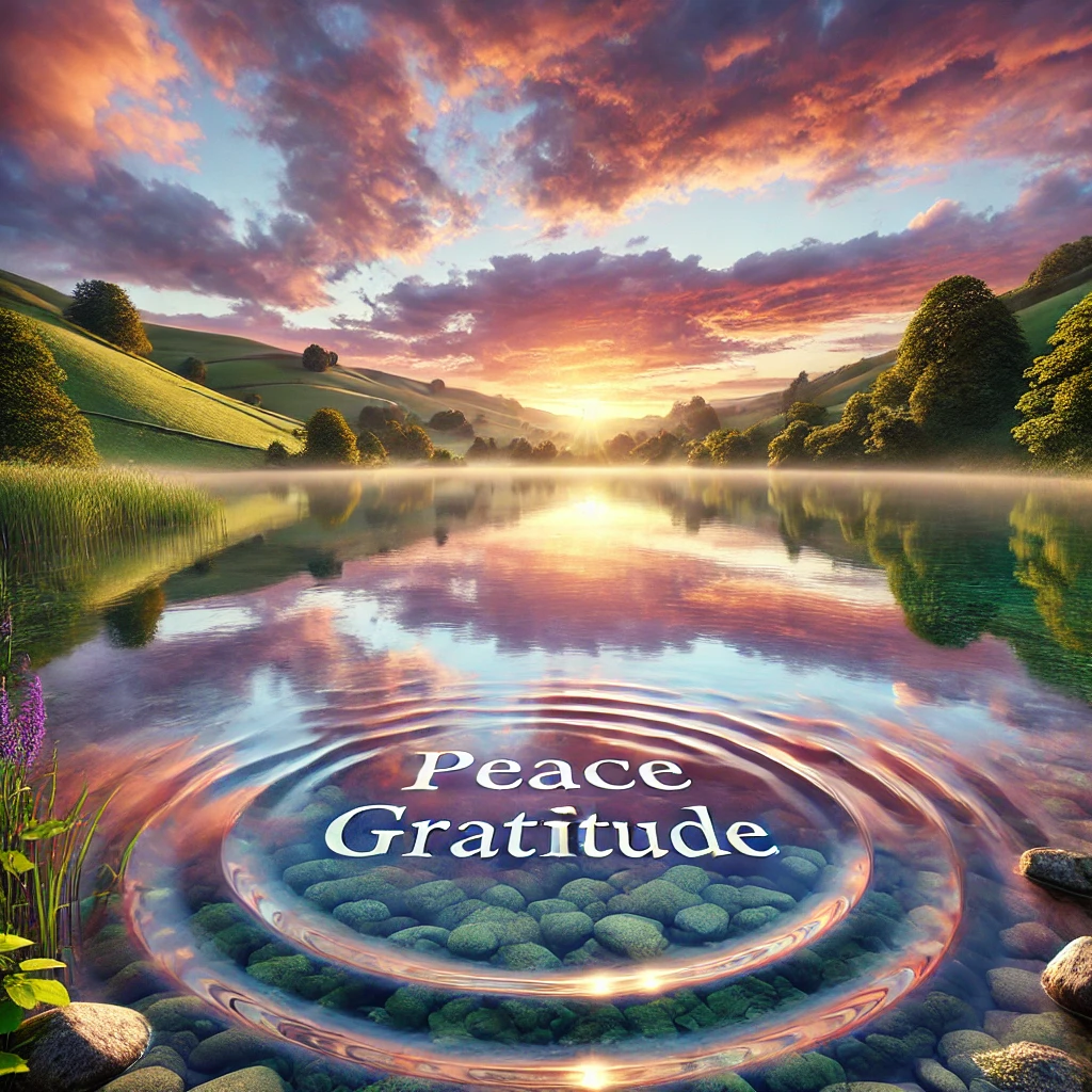 A peaceful landscape of a calm lake reflecting the words "peace" and "gratitude," with soft ripples in the water creating a serene and harmonious atmosphere.