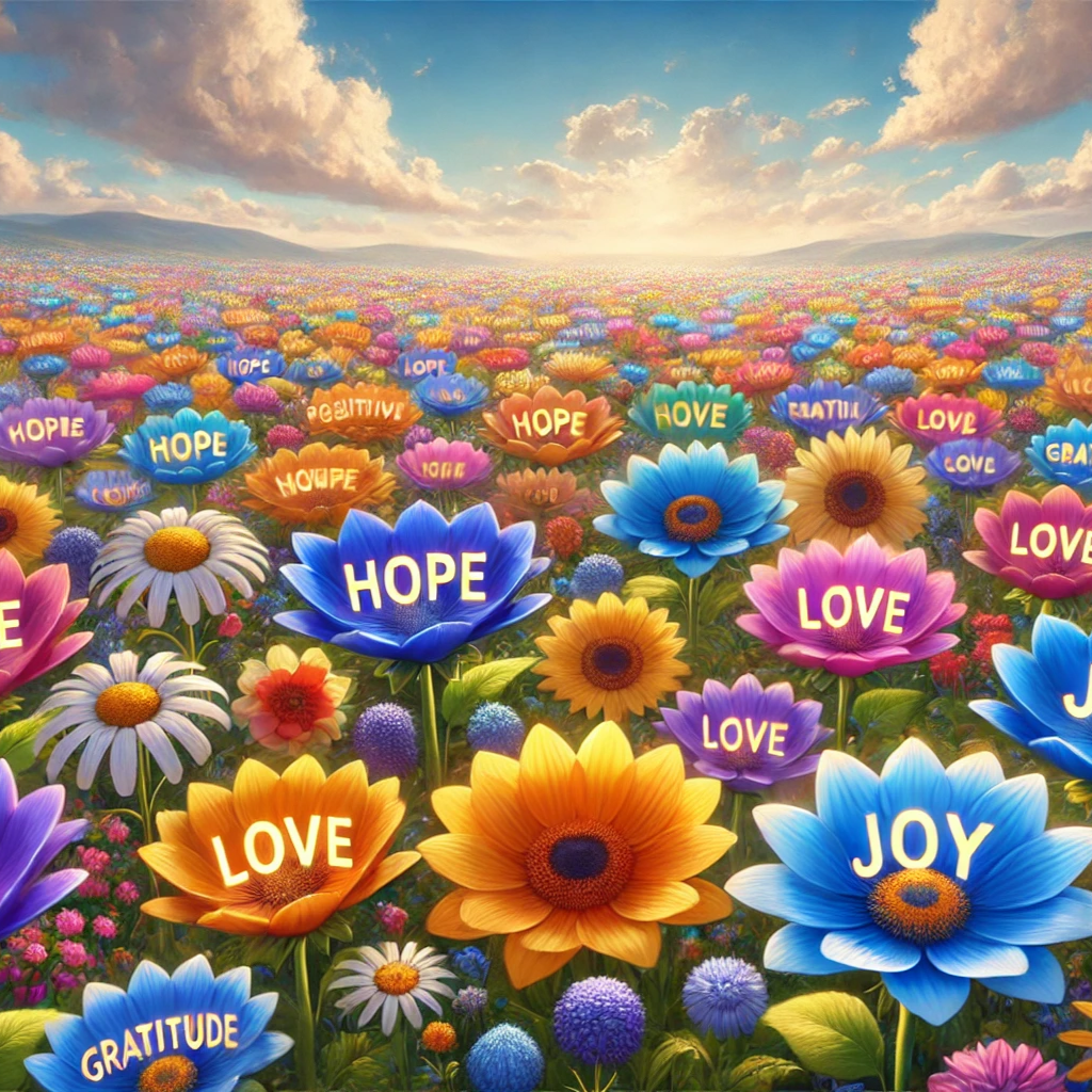 A vibrant field of wildflowers with each petal labeled with positive emotions and affirmations, like "hope," "love," and "joy," symbolizing the growth of a positive mindset.