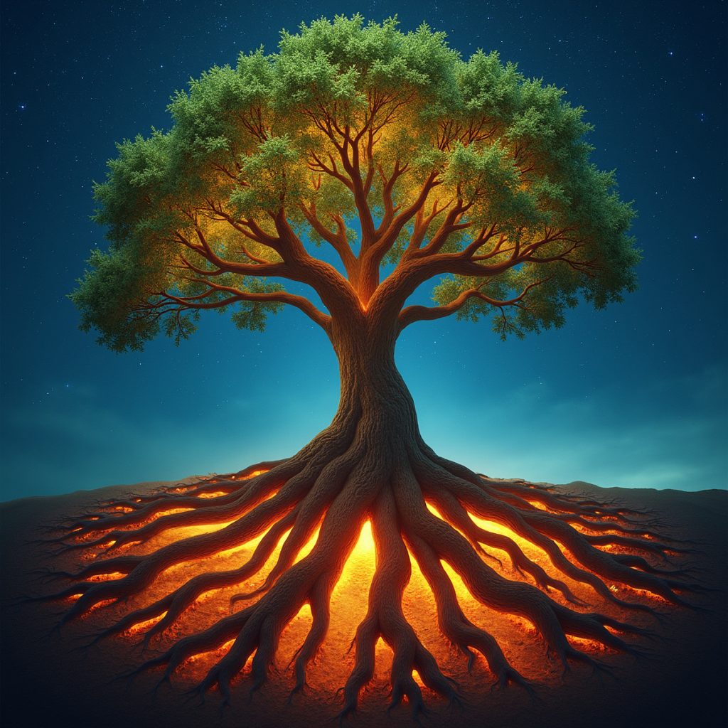 A strong tree with deep, glowing roots intertwining into the earth, each root labeled with words like "resilience," "courage," and "self-love," as the branches reach high toward a starry sky, symbolizing growth and strength.