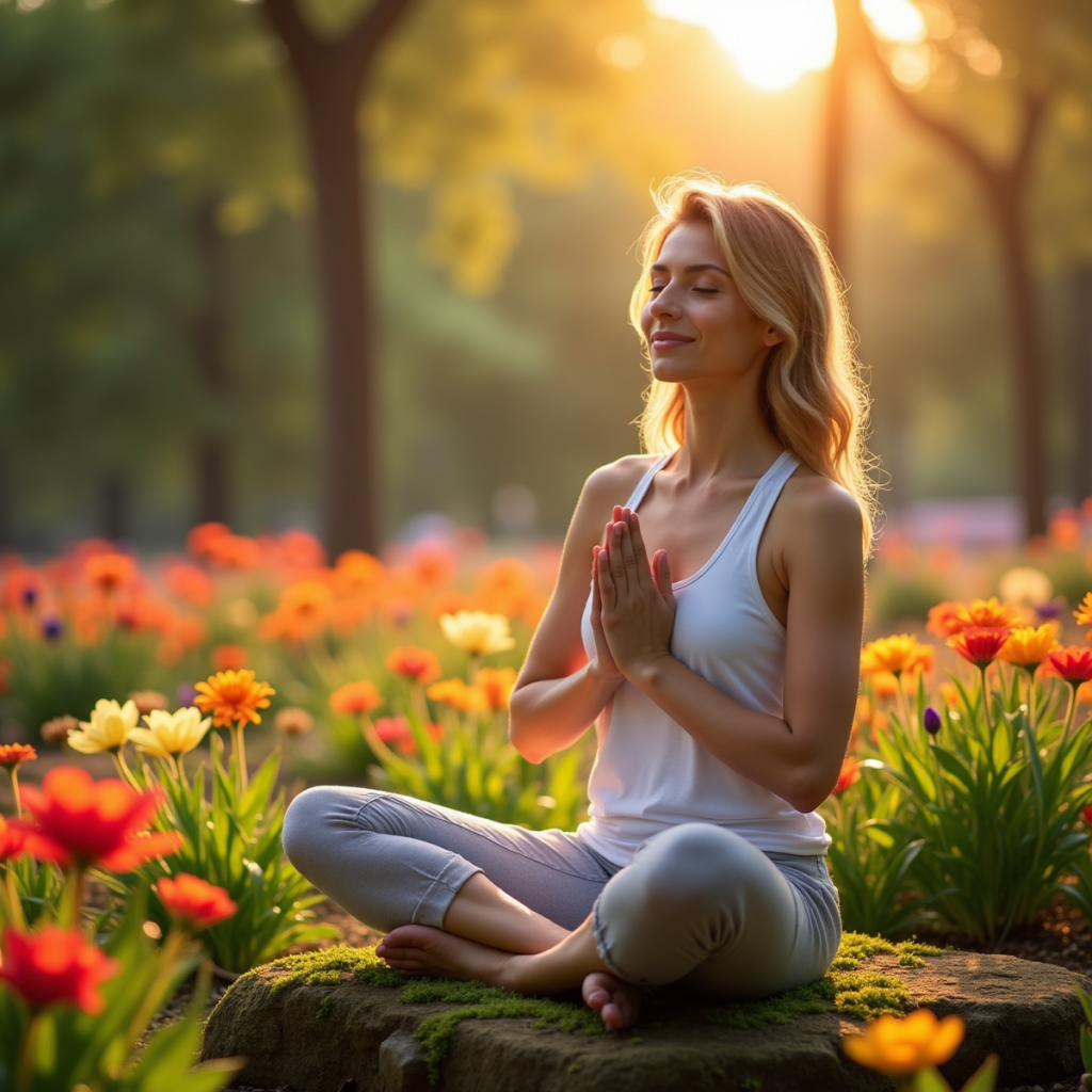 A serene garden with vibrant flowers blooming in every shade of the rainbow, a warm golden sunrise casting soft light over dew-kissed petals. A woman sits cross-legged on a mossy stone, her hands gently clasped together, her face peaceful with a soft smile as sunlight filters through the trees, symbolizing mindfulness and positivity.