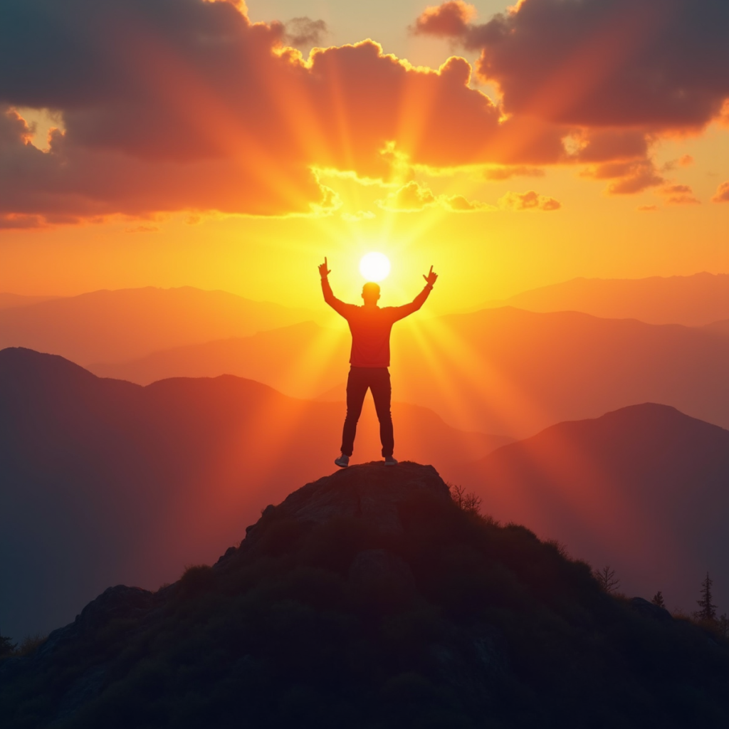 A vivid sunrise over a mountain peak with a silhouette of a person raising their hands in victory, golden light cascading over them, symbolizing courage and triumph over self-doubt.