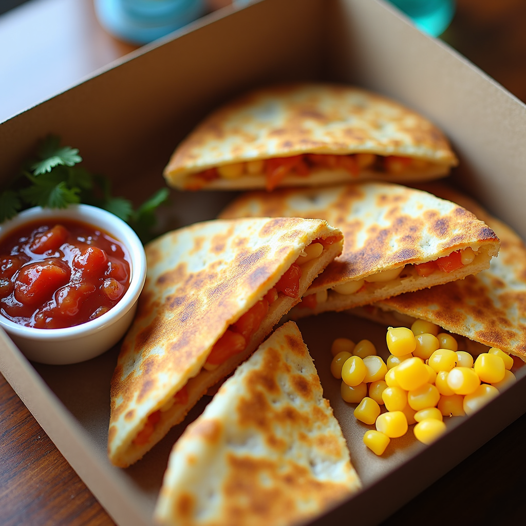 10-minute quesadilla school lunch with corn, salsa, and water.