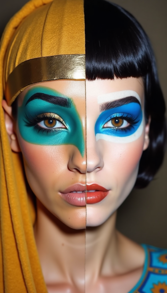 Historical comparison of colorful eye makeup from ancient Egypt and 1960s showing evolution of bold eye makeup trends