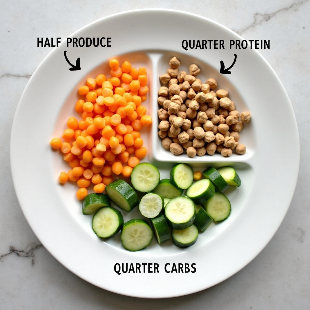 Balanced school lunch plate showing half produce, quarter protein, and quarter carbs.