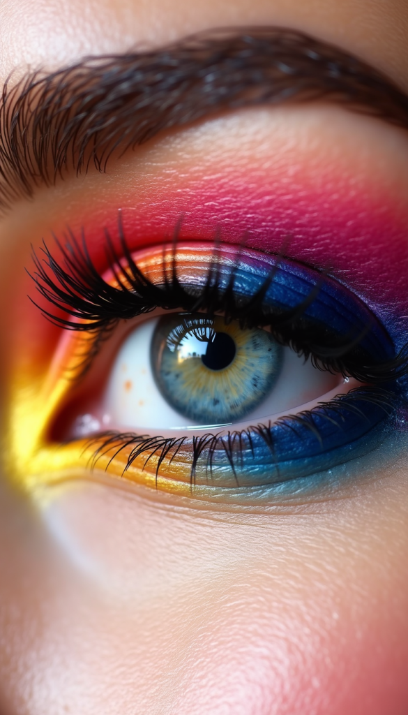 Stunning rainbow gradient eye makeup look with blue, pink, and gold eyeshadow demonstrating full-color eye makeup artistry