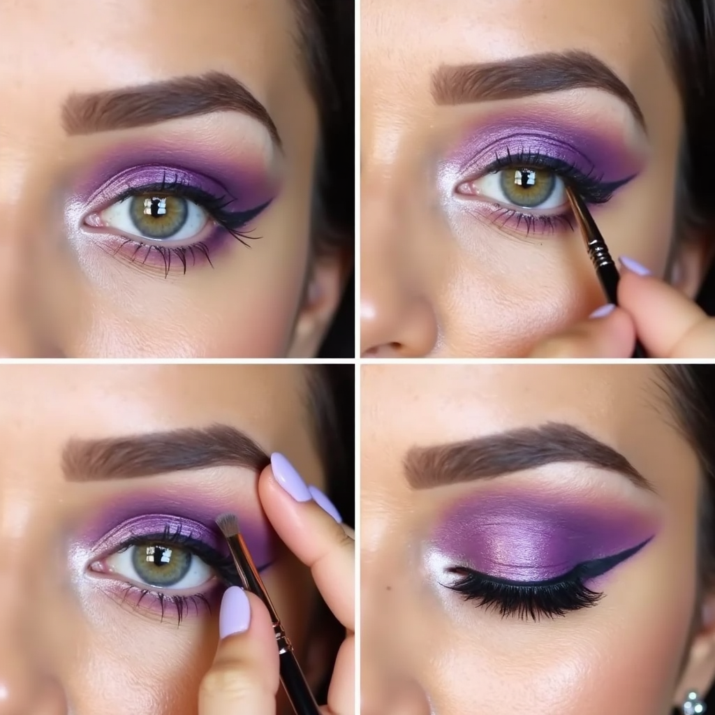 Professional makeup artist applying vibrant purple eyeshadow demonstrating proper technique and tools for colorful eye makeup