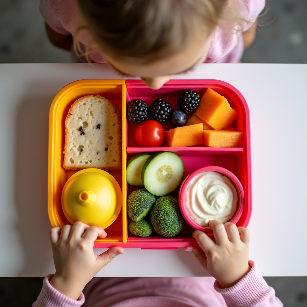 Colorful bento school lunch ideas for kids with fruit, veggies, protein, and dip.