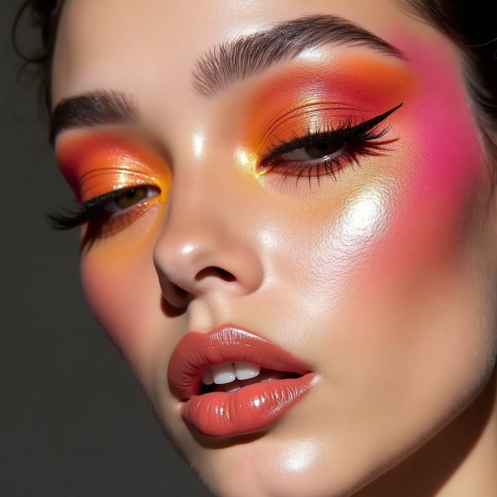 2024 dopamine makeup trend featuring bright sunset orange and pink gradient eyeshadow with metallic gold accents