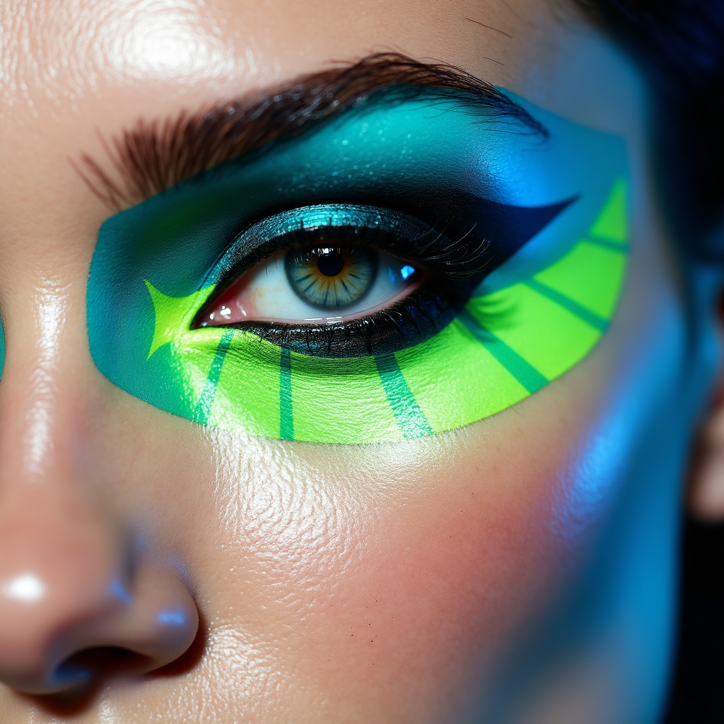 Editorial avant-garde eye makeup featuring geometric neon green and blue patterns for high-fashion artistic expression