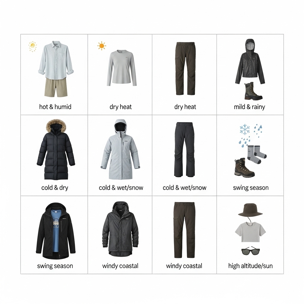Eight-tile grid showing outfits for hot, rain, cold, wind, and swing seasons.