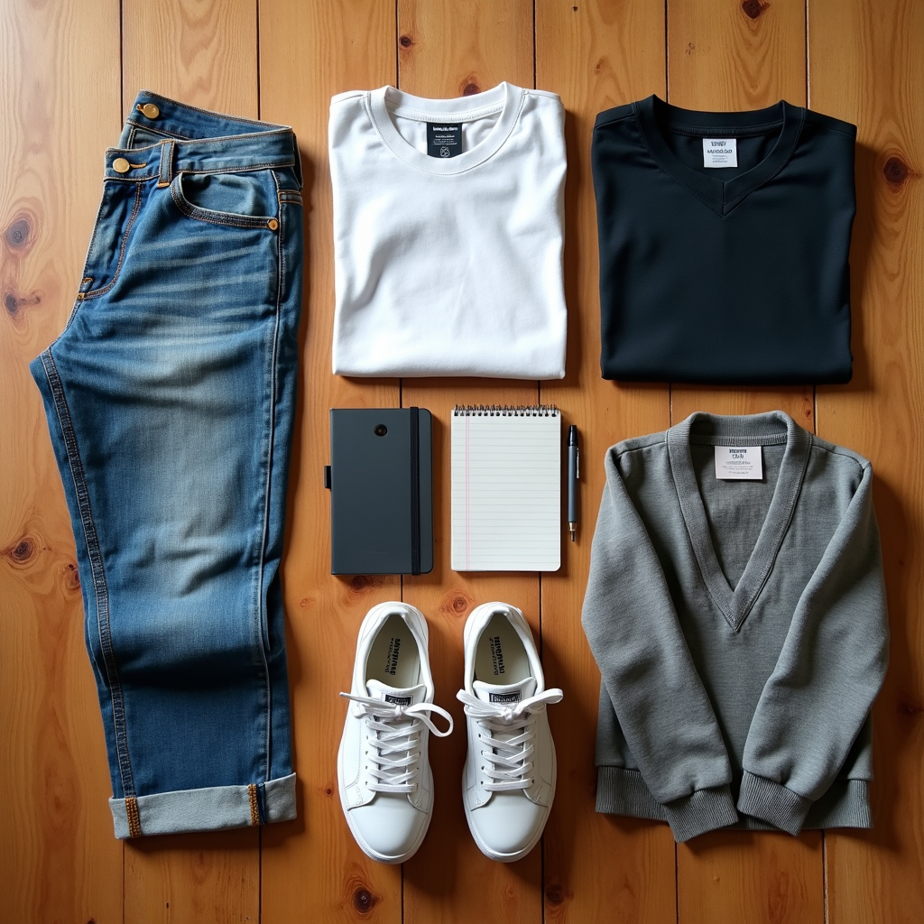 Capsule wardrobe flat lay with nine pieces and sneakers for campus days.