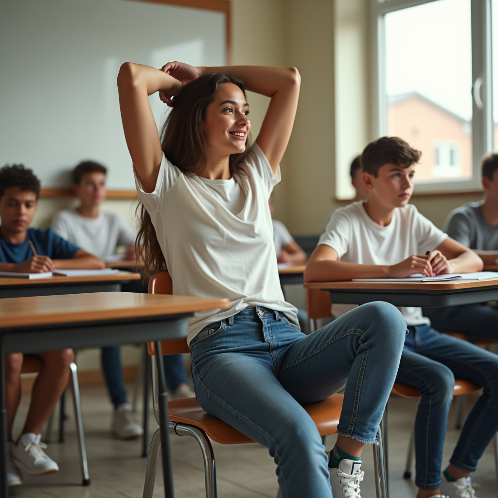 Student doing sit and reach tests at a desk to check outfit comfort.
