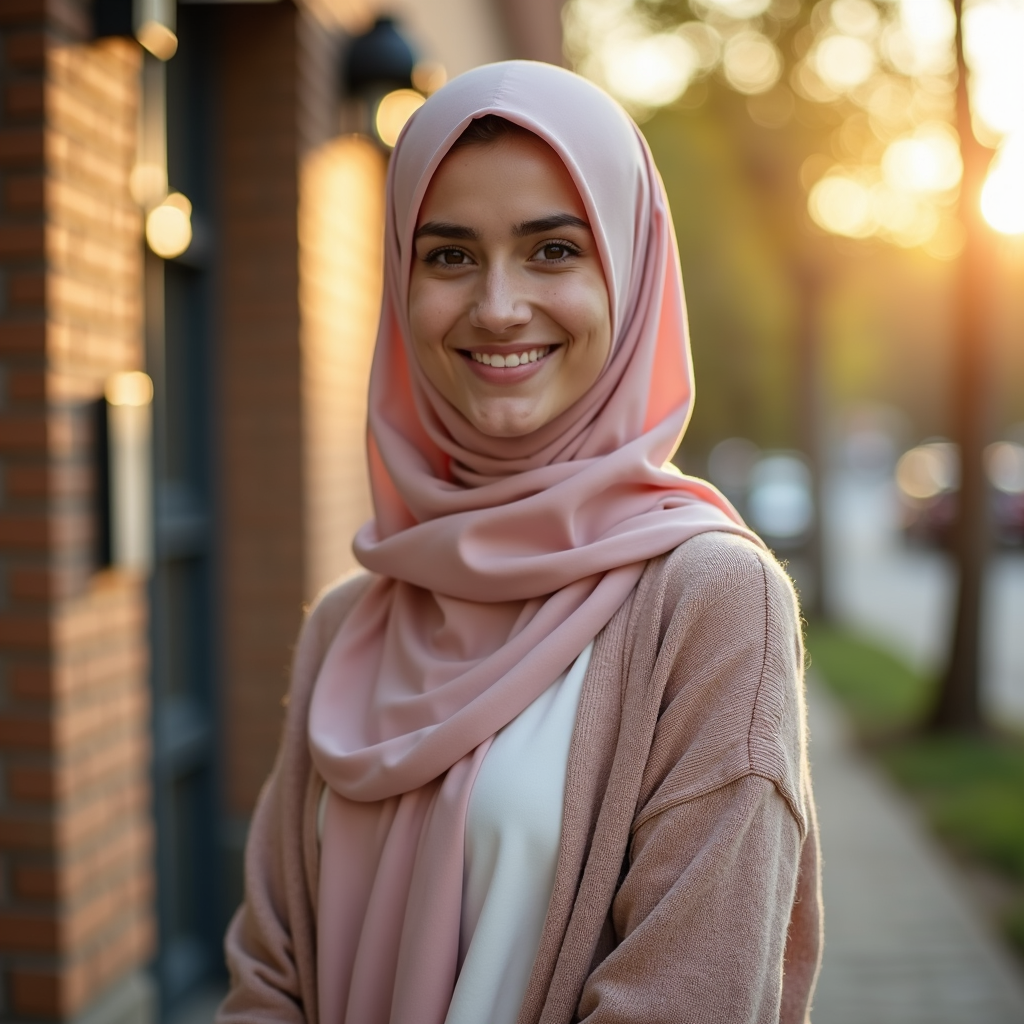 Student in a hijab styled neatly with breathable layers, smiling at school entrance.