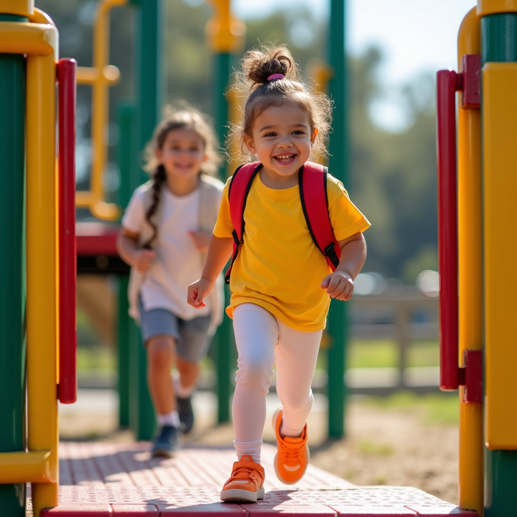 Elementary kid in bright, comfy outfit and Velcro sneakers, happy at recess.