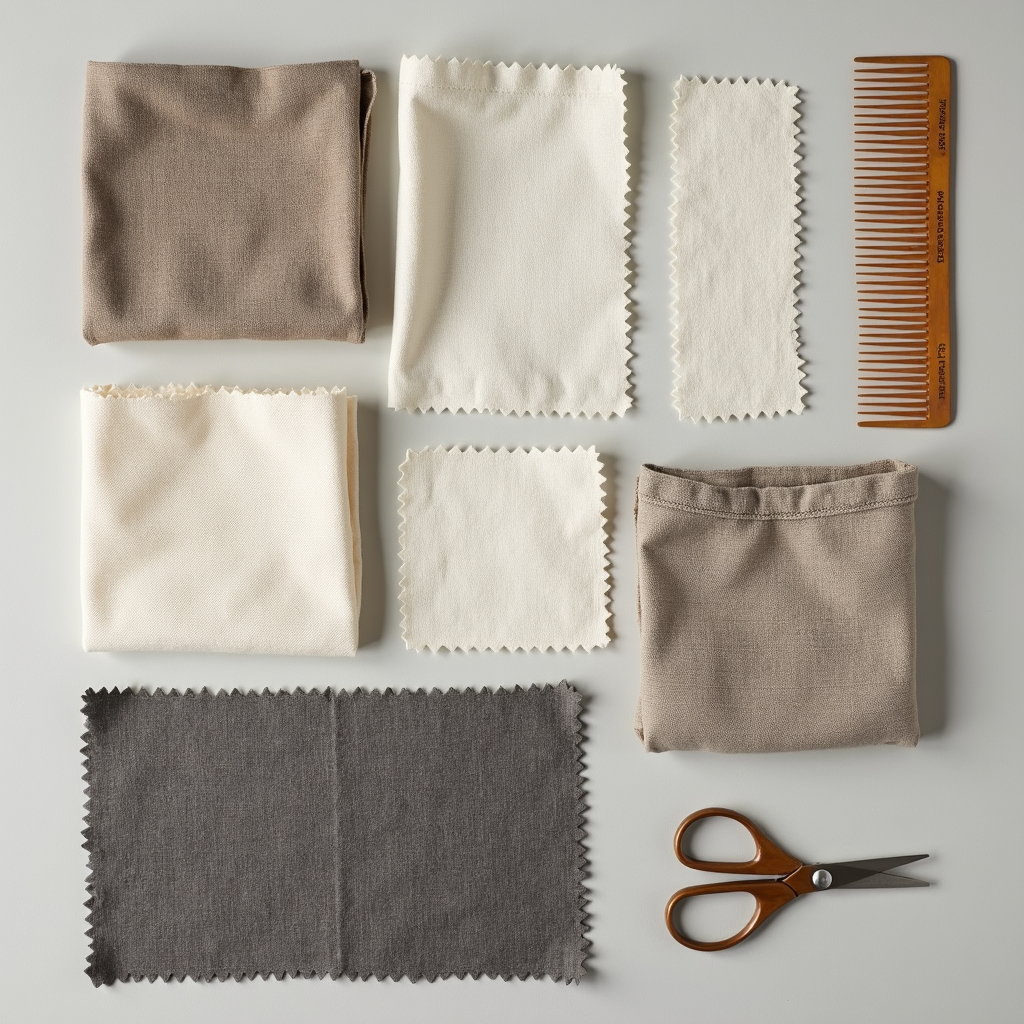 Flat lay of labeled fabric swatches: cotton, linen blend, modal, performance knit, wool blend.