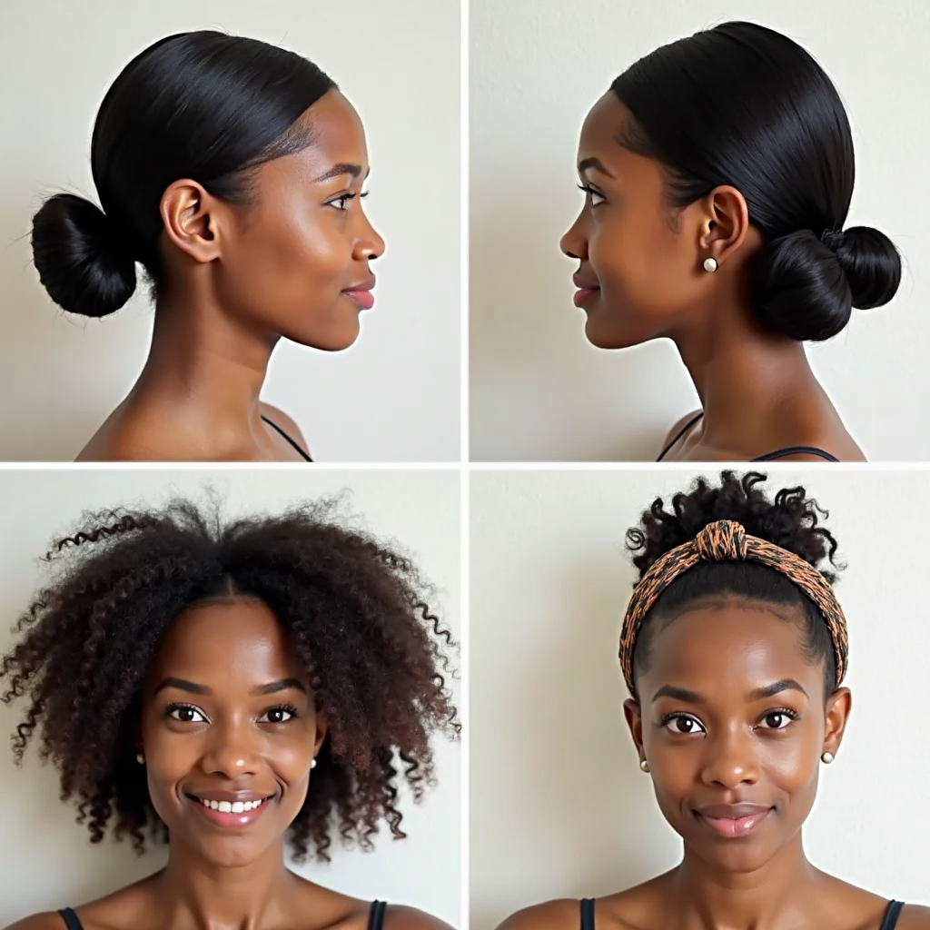 Four-panel how-to for straight, wavy, curly, and coily hair quick styles.
