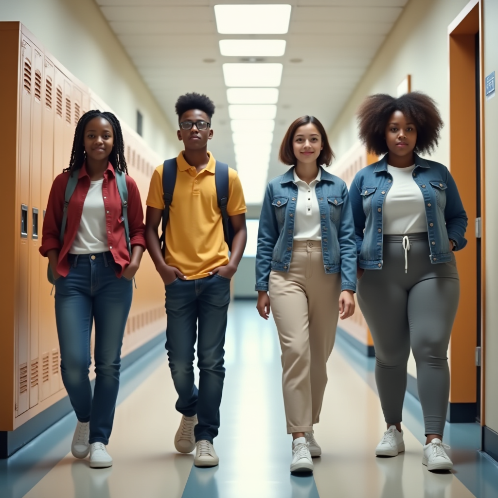 Diverse students in a bright school hallway wearing first-day outfits, smiling, holding backpacks.