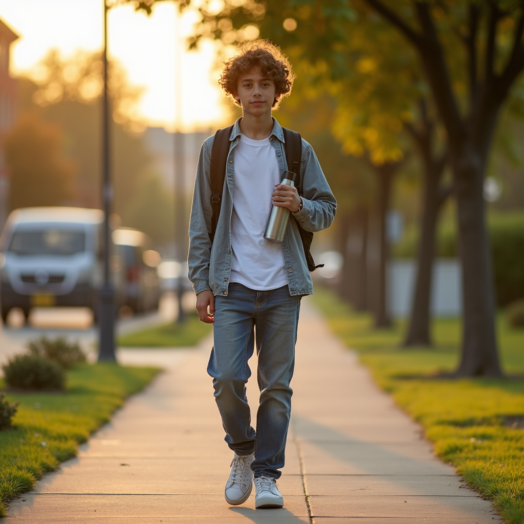 High school student in layered outfit with tidy backpack and water bottle.