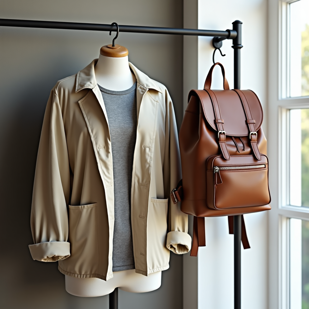 Mannequin with tee, shirt, and light jacket showing simple layering.