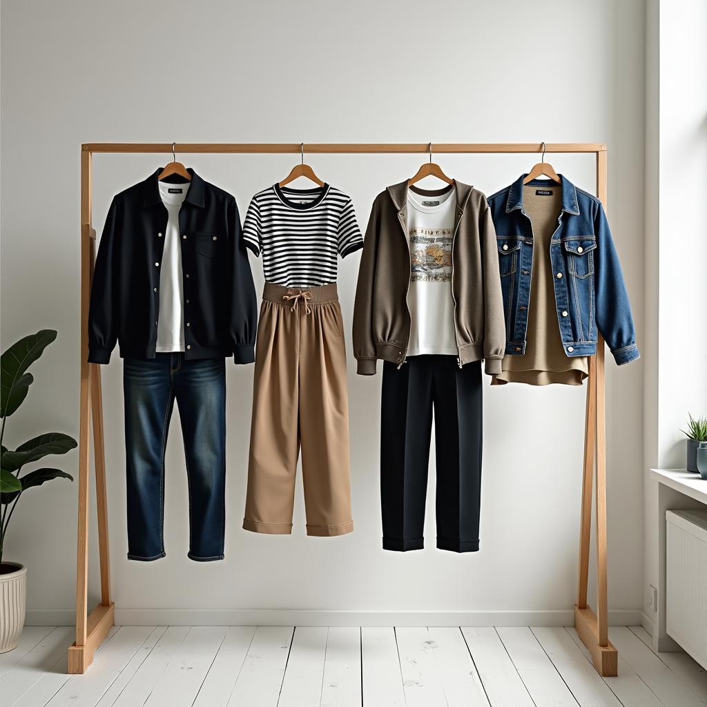 Clothes rack with five first-day outfit formulas labeled.