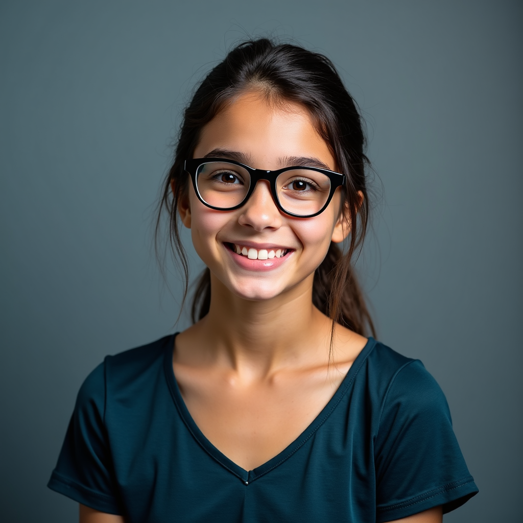 Student in mid-tone outfit posing with chin slightly down and relaxed shoulders.