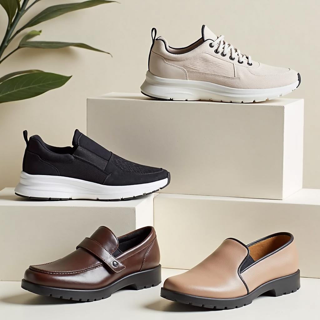 Close-ups of sneakers, loafers, and insoles with comfort details.