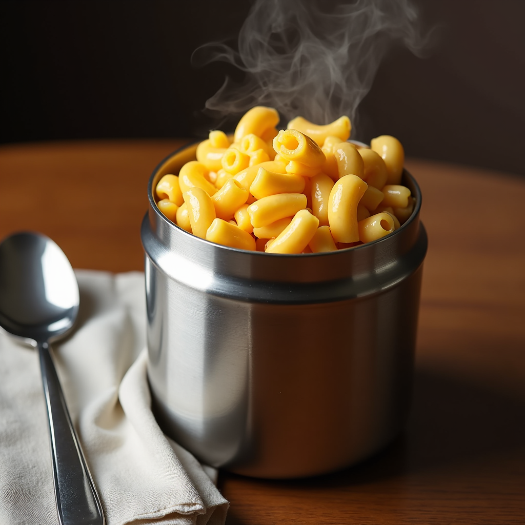 Hot thermos lunch for kids with mac and cheese, ready for school.