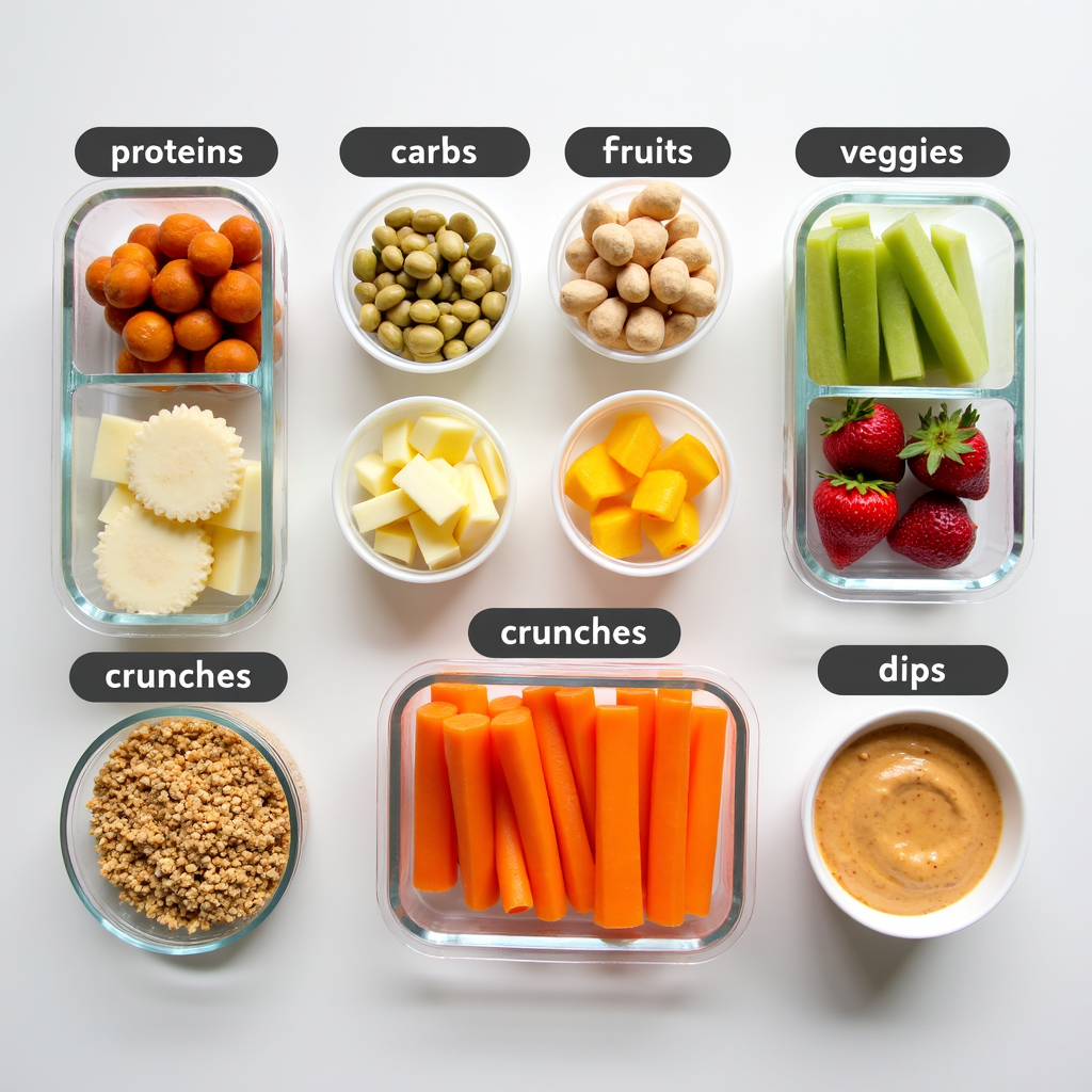 Mix-and-match lunchbox formula showing proteins, carbs, fruits, veggies, and dips.