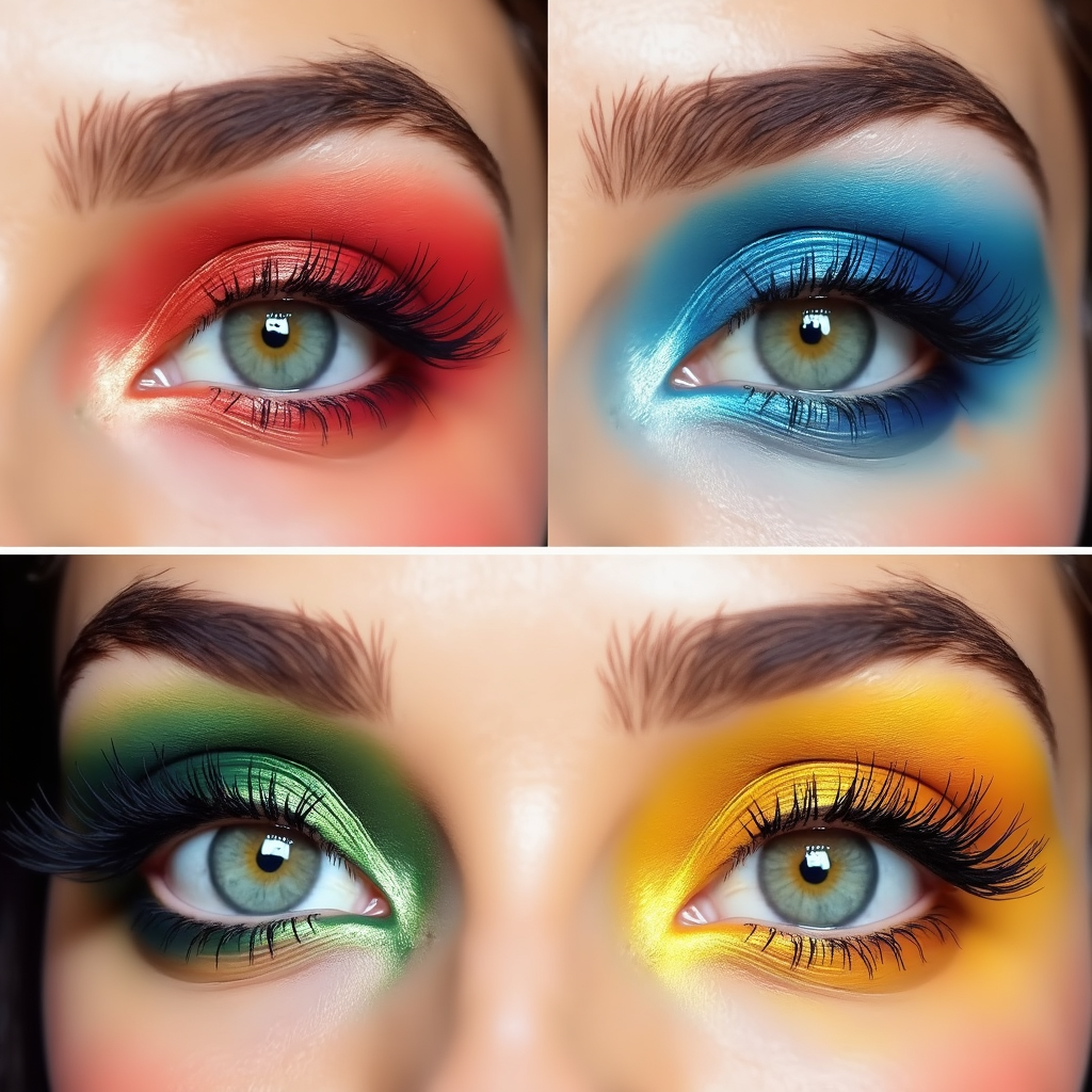 Four different colored eye makeup looks demonstrating the psychology and mood meanings behind eyeshadow color choices
