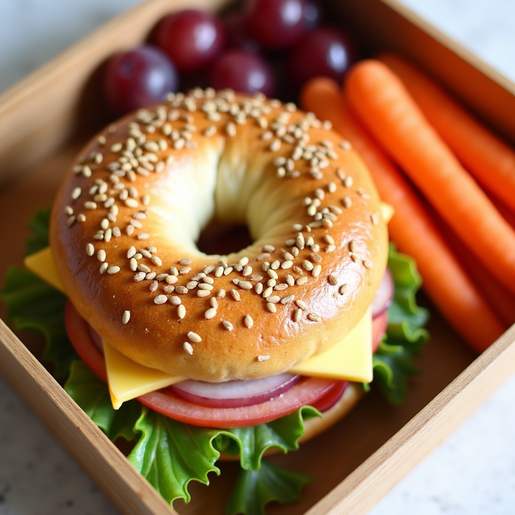 Quick 5-minute school lunch with bagel sandwich, carrots, and grapes.
