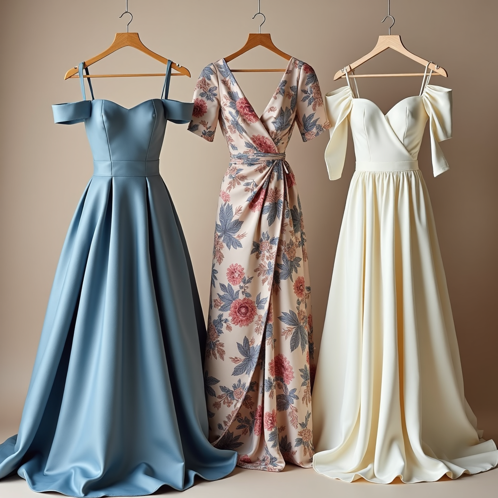 Collection of Rococo-inspired dresses including fit-and-flare, wrap style and tea-length designs
