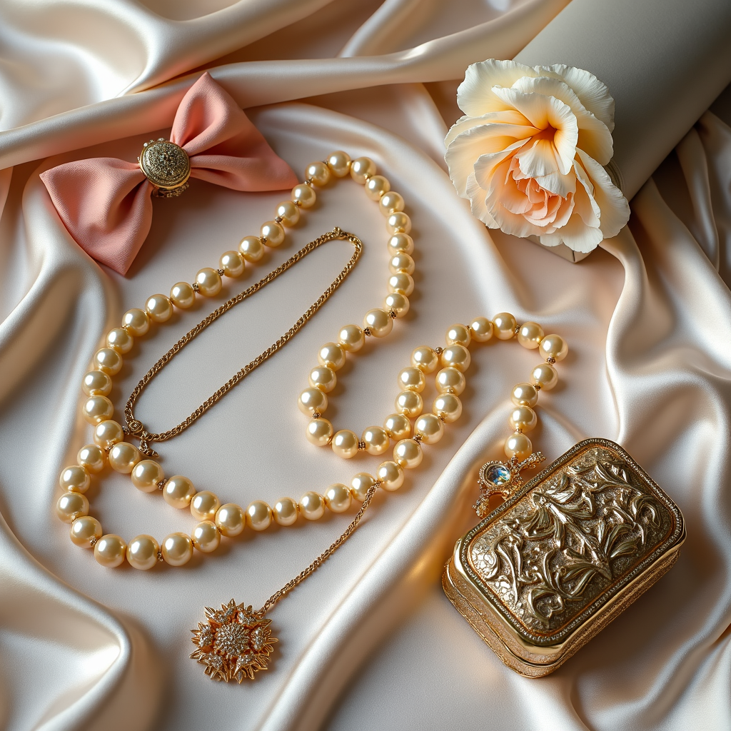 Rococo-style accessories including baroque pearls, gold chains, floral jewelry and handbag for 2025 fashion