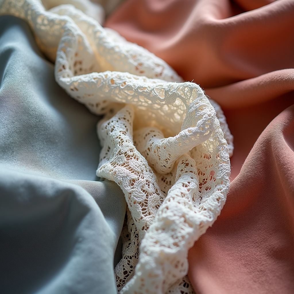 Close-up of Rococo fashion fabrics including silk, cotton voile, lace and velvet textures